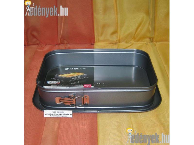Téglalap alakú 7 cm magas, 24 cm széles, 37 cm hosszú, bevonatos fémlemezből készült sütőforma.